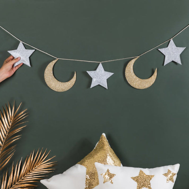 Festive Star And Moon Bunting 98 Inch- Festive Star and Moon Bunting, Decorative Bunting, Star and Moon Decor, Festive Wall Hanging