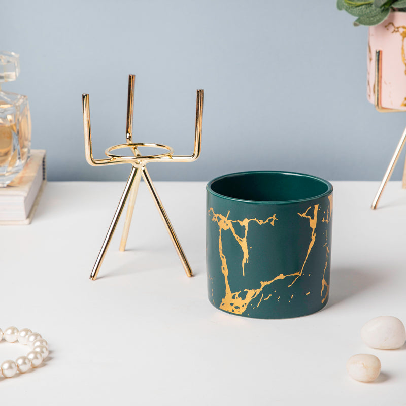 Auric Marble Green Planter with Stand Small - Indoor planters and flower pots | Home decor items