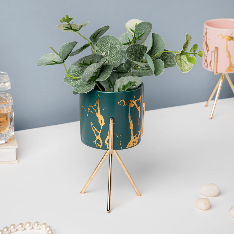 Auric Marble Green Planter with Stand Small - Indoor planters and flower pots | Home decor items
