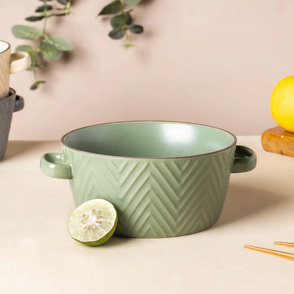 Fern Green Textured Noodle Bowl - Bowl, ceramic bowl, serving bowls, noodle bowl, salad bowls, bowl for snacks, large serving bowl, bowl with handle | Bowls for dining table & home decor