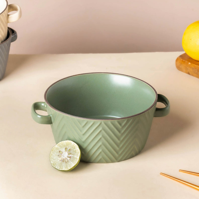 Fern Green Textured Noodle Bowl - Bowl, ceramic bowl, serving bowls, noodle bowl, salad bowls, bowl for snacks, large serving bowl, bowl with handle | Bowls for dining table & home decor