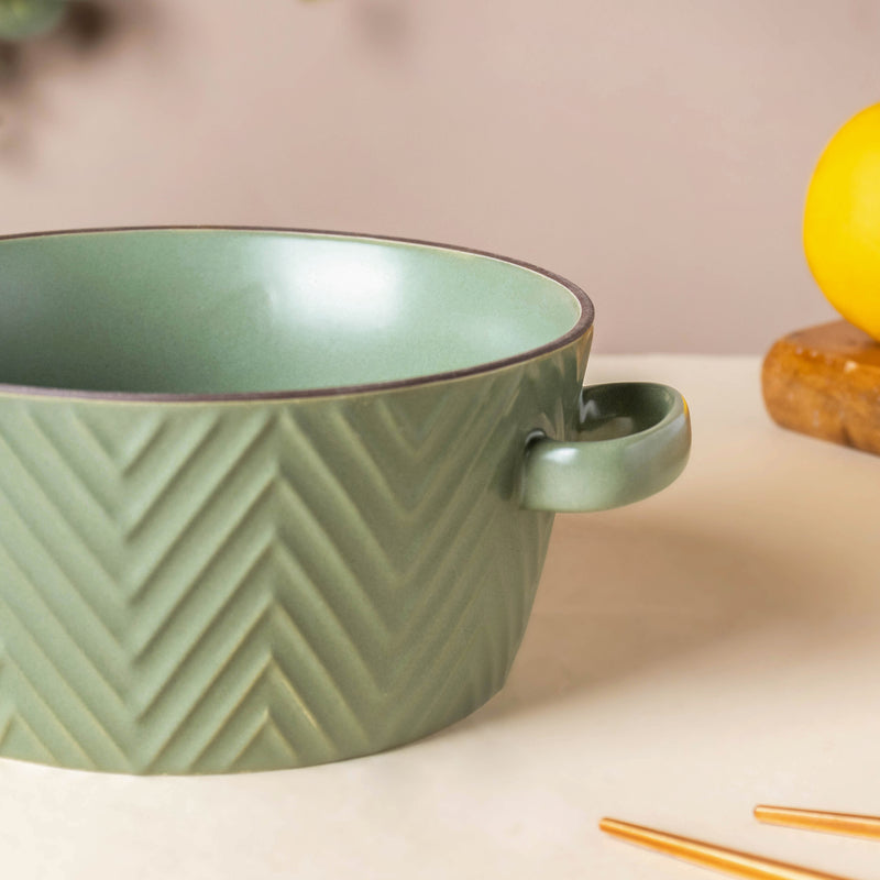 Fern Green Textured Noodle Bowl - Bowl, ceramic bowl, serving bowls, noodle bowl, salad bowls, bowl for snacks, large serving bowl, bowl with handle | Bowls for dining table & home decor
