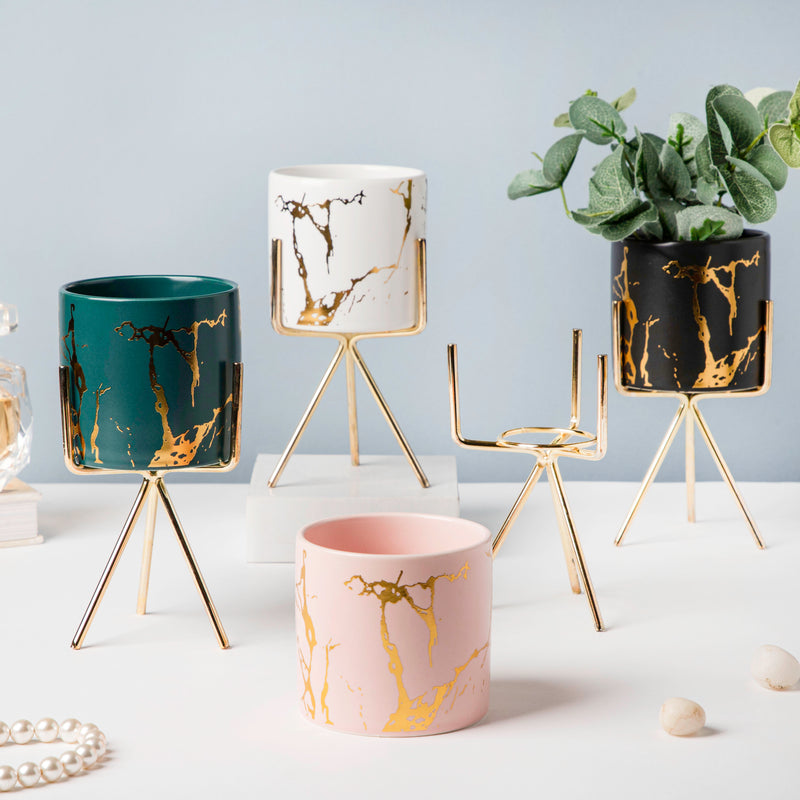 Auric Marble Green Planter with Stand Small - Indoor planters and flower pots | Home decor items