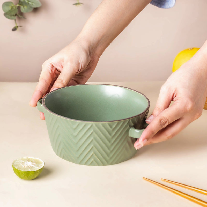 Fern Green Textured Noodle Bowl - Bowl, ceramic bowl, serving bowls, noodle bowl, salad bowls, bowl for snacks, large serving bowl, bowl with handle | Bowls for dining table & home decor