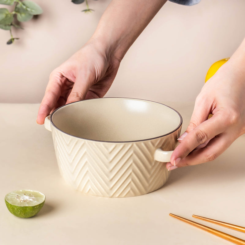 CrÃ¨me De La CrÃ¨me Textured Noodle Bowl - Bowl, ceramic bowl, serving bowls, noodle bowl, salad bowls, bowl for snacks, large serving bowl, bowl with handle | Bowls for dining table & home decor