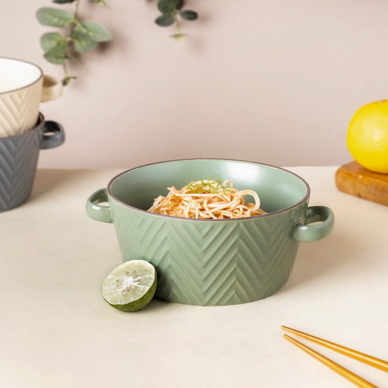 Fern Green Textured Noodle Bowl - Bowl, ceramic bowl, serving bowls, noodle bowl, salad bowls, bowl for snacks, large serving bowl, bowl with handle | Bowls for dining table & home decor