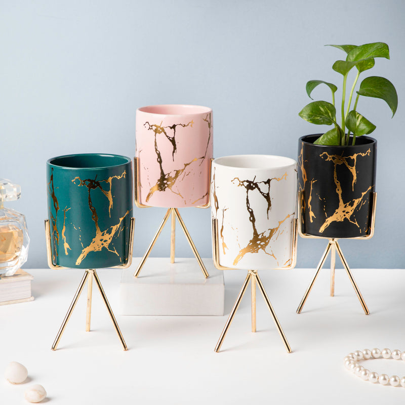 Auric Marble White Planter with Stand Large - Indoor planters and flower pots | Home decor items