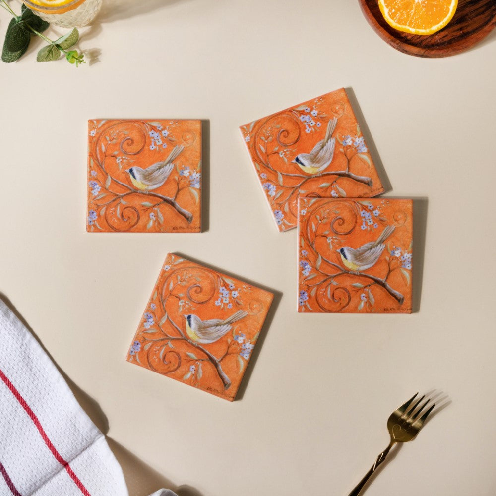 Vintage Bird Ceramic Coaster With Cork Base Orange Set Of 4