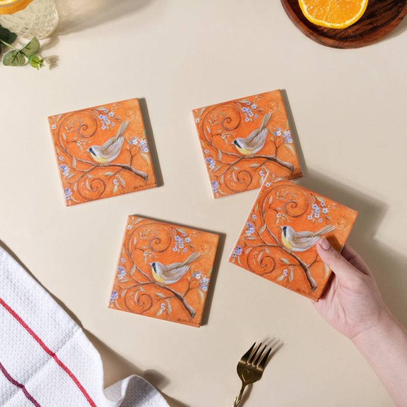 Vintage Bird Ceramic Coaster With Cork Base Orange Set Of 4