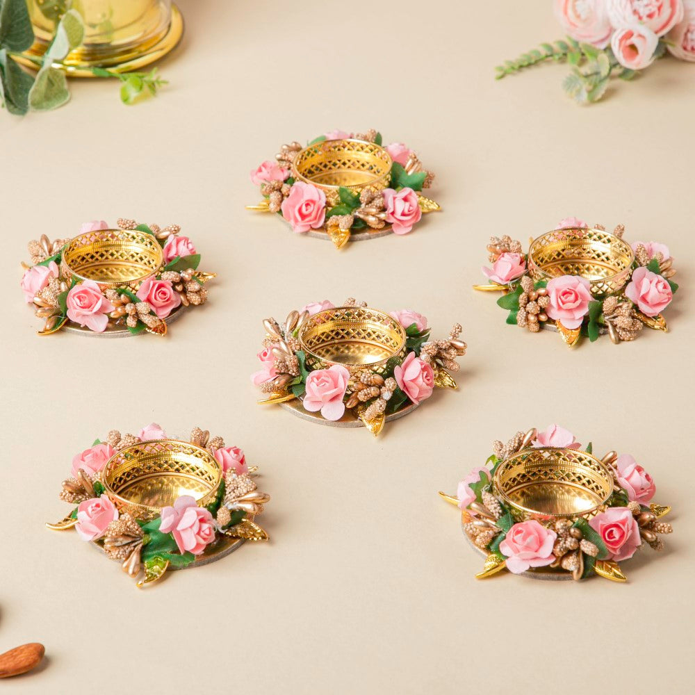 Pink Rose Tea Light Holder Set Of 6