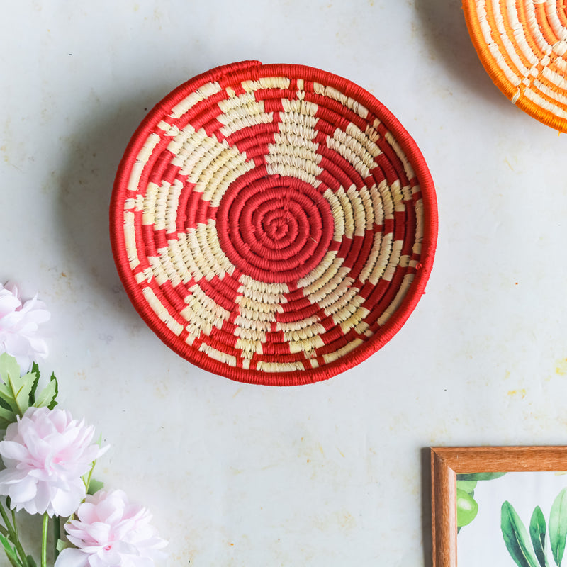 Red Patterned Handwoven Basket - Basket | Organizer