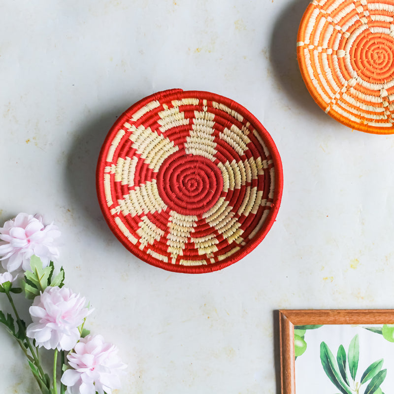 Red Patterned Handwoven Basket - Basket | Organizer