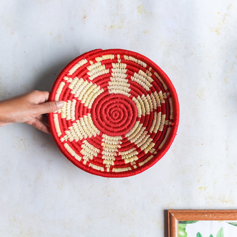 Red Patterned Handwoven Basket - Basket | Organizer