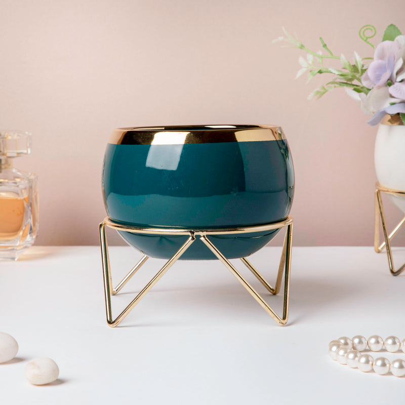 Eclat Ceramic Green Planter With Stand Large - Indoor planters and flower pots | Home decor items