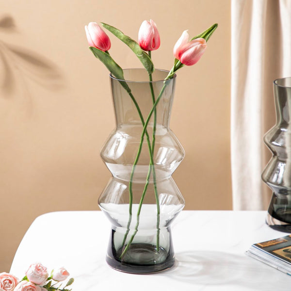 Modern Glass Flower Vase Grey Large - Flower vase for home decor, office and gifting | Home decoration items
