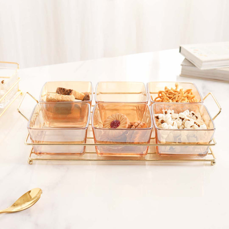 Rectangular Metal Tray with Bowls Set - Bowls, serving bowls, small glass bowls, snack serving bowls, section bowls, fancy serving bowls, small serving bowls | Bowls for dining table & home decor