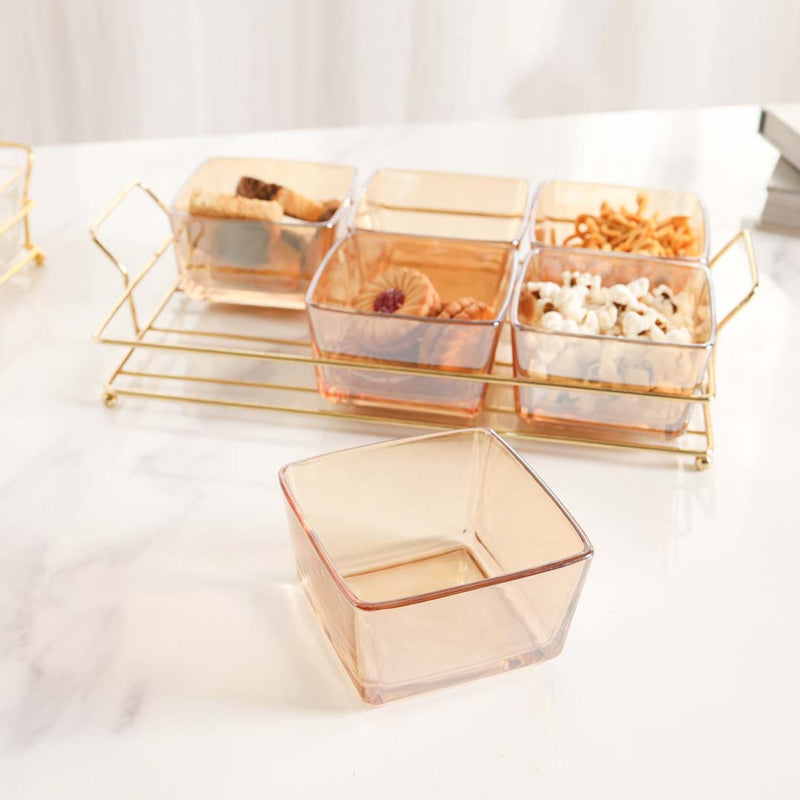 Rectangular Metal Tray with Bowls Set - Bowls, serving bowls, small glass bowls, snack serving bowls, section bowls, fancy serving bowls, small serving bowls | Bowls for dining table & home decor