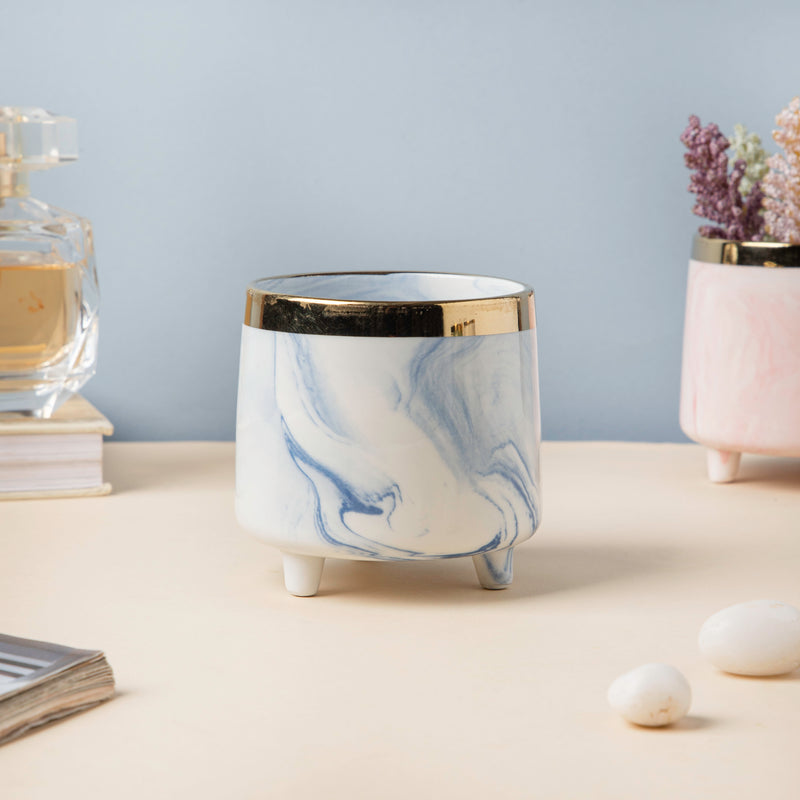 Luxe Ceramic Marble Planter Blue With Legs - Plant pot and plant stands | Room decor items