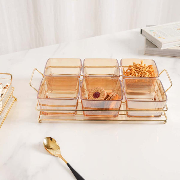 Rectangular Metal Tray with Bowls Set - Bowls, serving bowls, small glass bowls, snack serving bowls, section bowls, fancy serving bowls, small serving bowls | Bowls for dining table & home decor