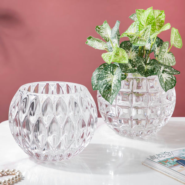 Deco Crystal Scalloped Glass Flower Vase - Glass flower vase for home decor, office and gifting | Room decoration items