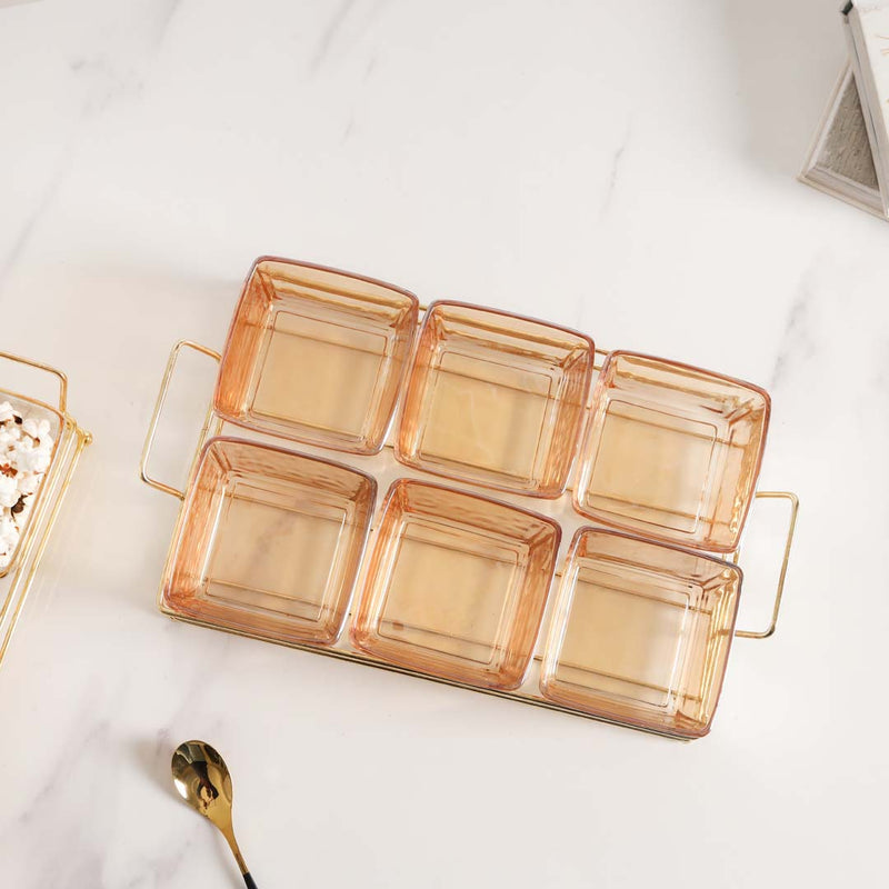 Rectangular Metal Tray with Bowls Set - Bowls, serving bowls, small glass bowls, snack serving bowls, section bowls, fancy serving bowls, small serving bowls | Bowls for dining table & home decor