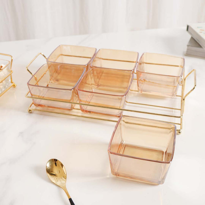 Rectangular Metal Tray with Bowls Set - Bowls, serving bowls, small glass bowls, snack serving bowls, section bowls, fancy serving bowls, small serving bowls | Bowls for dining table & home decor