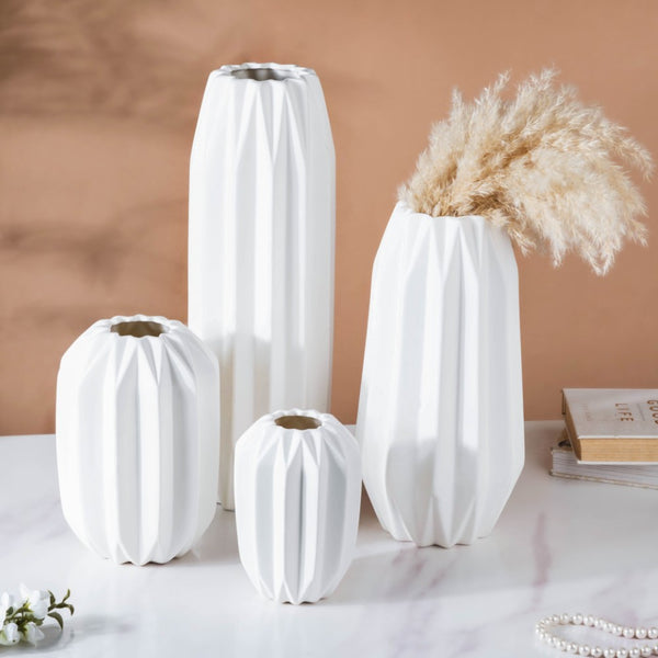 Geometric Textured Ceramic Vase White Tall - Flower vase for home decor, office and gifting | Home decoration items