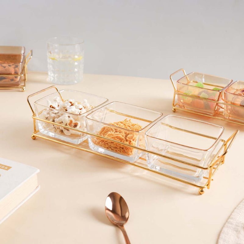 Rectangle Tray with Glass Bowls Set of 3 - Bowls, serving bowls, small glass bowls, snack serving bowls, section bowls, fancy serving bowls, small serving bowls | Bowls for dining table & home decor
