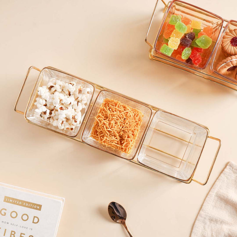 Rectangle Tray with Glass Bowls Set of 3 - Bowls, serving bowls, small glass bowls, snack serving bowls, section bowls, fancy serving bowls, small serving bowls | Bowls for dining table & home decor