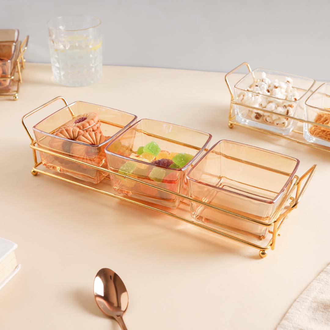 Rectangle Tray with Glass Bowls Set of 3