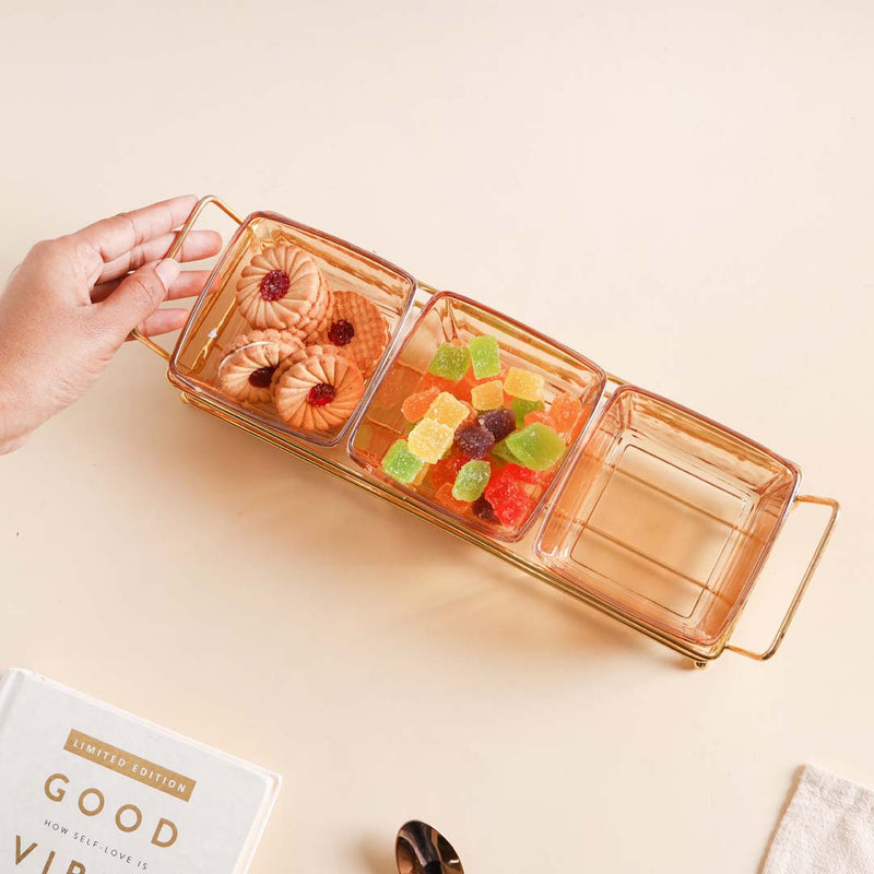 Rectangle Tray with Glass Bowls Set of 3 - Bowls, serving bowls, small glass bowls, snack serving bowls, section bowls, fancy serving bowls, small serving bowls | Bowls for dining table & home decor