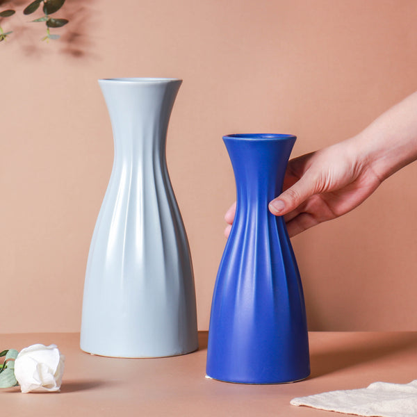 Dark Blue Ribbed Vase - Ceramic flower vase for home decor, office and gifting | Room decoration items