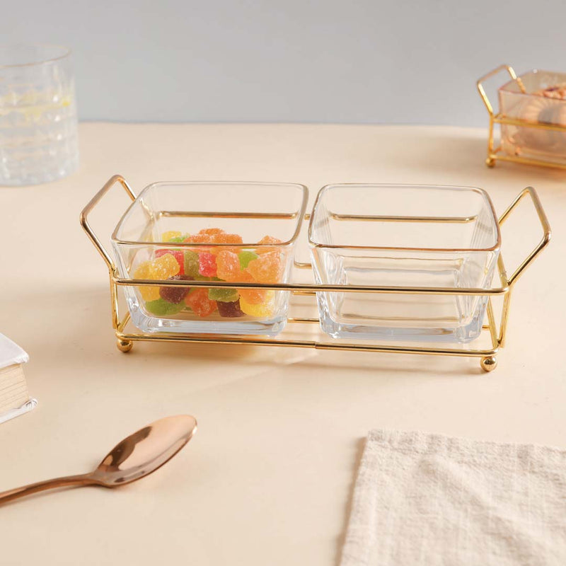 Metal Tray with Glass Bowls Set of 2 - Bowls, serving bowls, small glass bowls, snack serving bowls, section bowls, fancy serving bowls, small serving bowls | Bowls for dining table & home decor