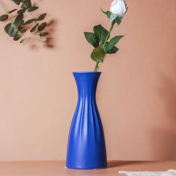 Dark Blue Ribbed Vase - Ceramic flower vase for home decor, office and gifting | Room decoration items