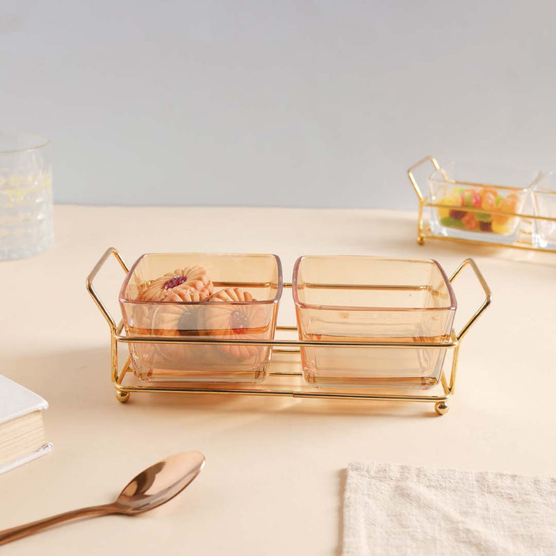 Metal Tray with Glass Bowls Set of 2 - Bowls, serving bowls, small glass bowls, snack serving bowls, section bowls, fancy serving bowls, small serving bowls | Bowls for dining table & home decor