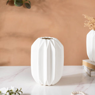 Geometric Textured Ceramic Vase White Medium