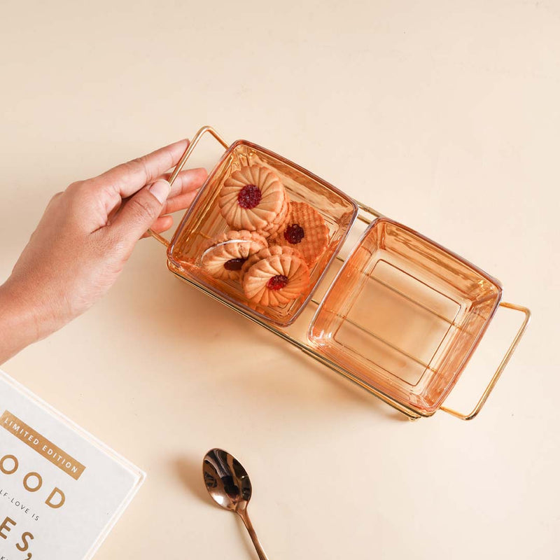 Metal Tray with Glass Bowls Set of 2 - Bowls, serving bowls, small glass bowls, snack serving bowls, section bowls, fancy serving bowls, small serving bowls | Bowls for dining table & home decor