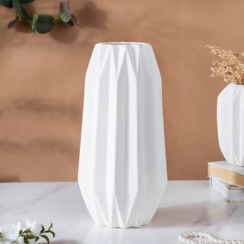 Geometric Textured Ceramic Vase White Large - Flower vase for home decor, office and gifting | Home decoration items