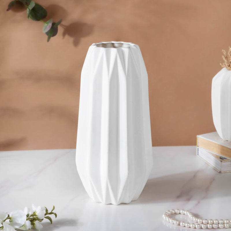 Geometric Textured Ceramic Vase White Large - Flower vase for home decor, office and gifting | Home decoration items