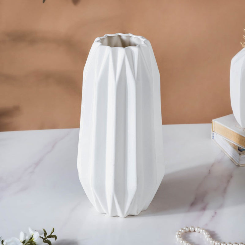 Geometric Textured Ceramic Vase White Large - Flower vase for home decor, office and gifting | Home decoration items
