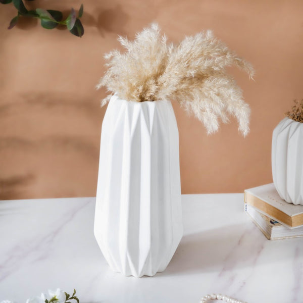 Geometric Textured Ceramic Vase White Large - Flower vase for home decor, office and gifting | Home decoration items