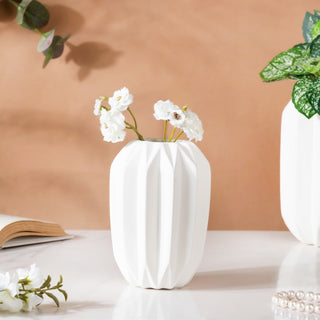 Geometric Textured Ceramic Vase White Small