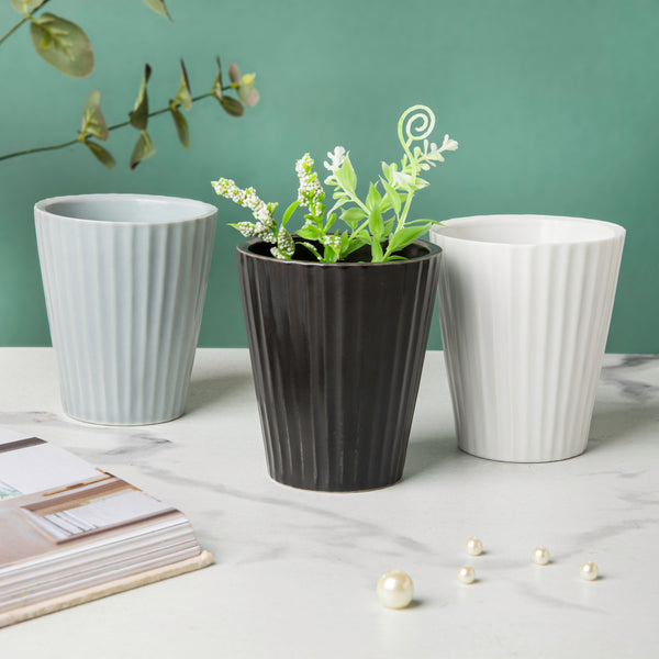 Nordic White Ribbed Ceramic Planter - Plant pot and plant stands | Room decor items