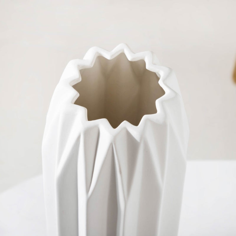 Geometric Textured Ceramic Vase White Tall - Flower vase for home decor, office and gifting | Home decoration items