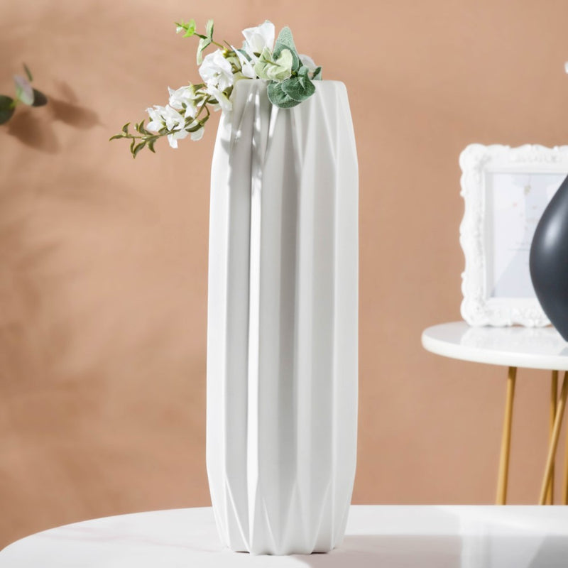 Geometric Textured Ceramic Vase White Tall - Flower vase for home decor, office and gifting | Home decoration items