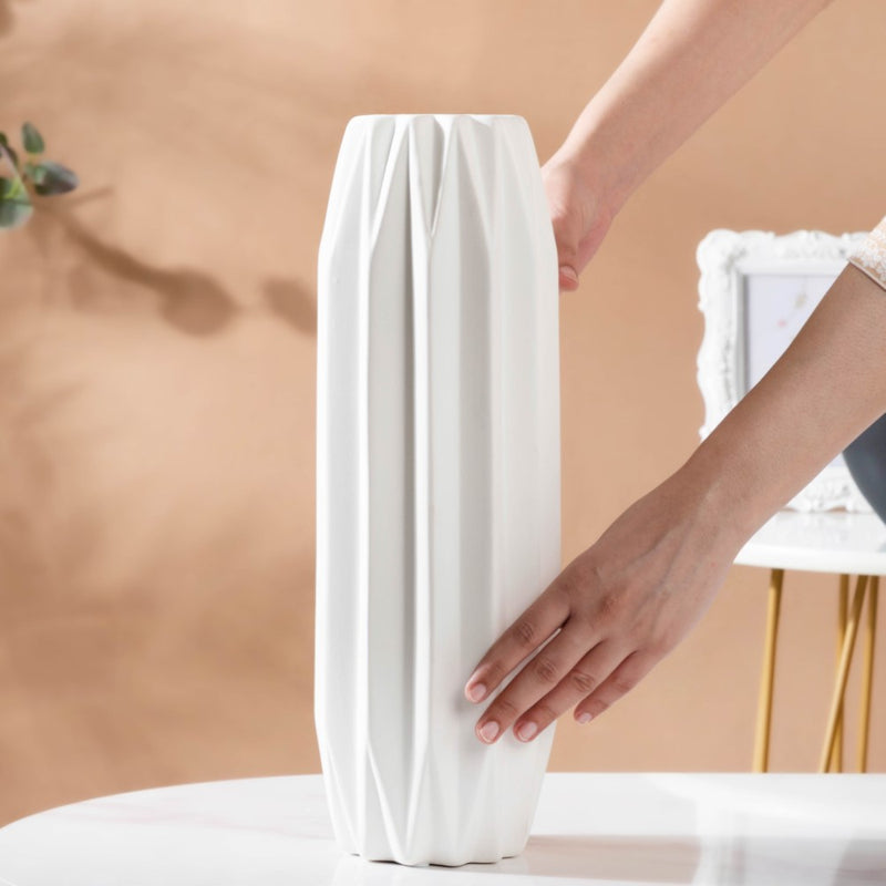 Geometric Textured Ceramic Vase White Tall - Flower vase for home decor, office and gifting | Home decoration items