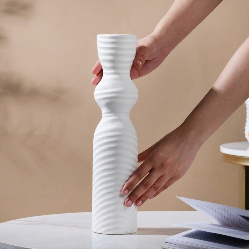 Scandinavian Striped Ceramic Vase White - Flower vase for home decor, office and gifting | Home decoration items