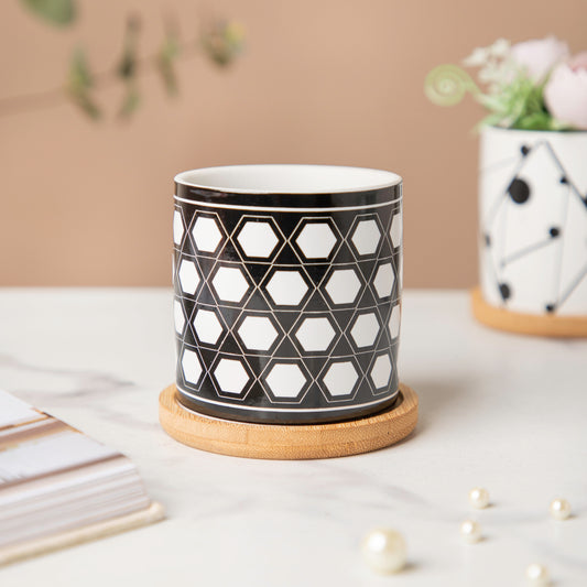 Twyla Hive Black White Planter With Wooden Coaster - Indoor planters and flower pots | Home decor items