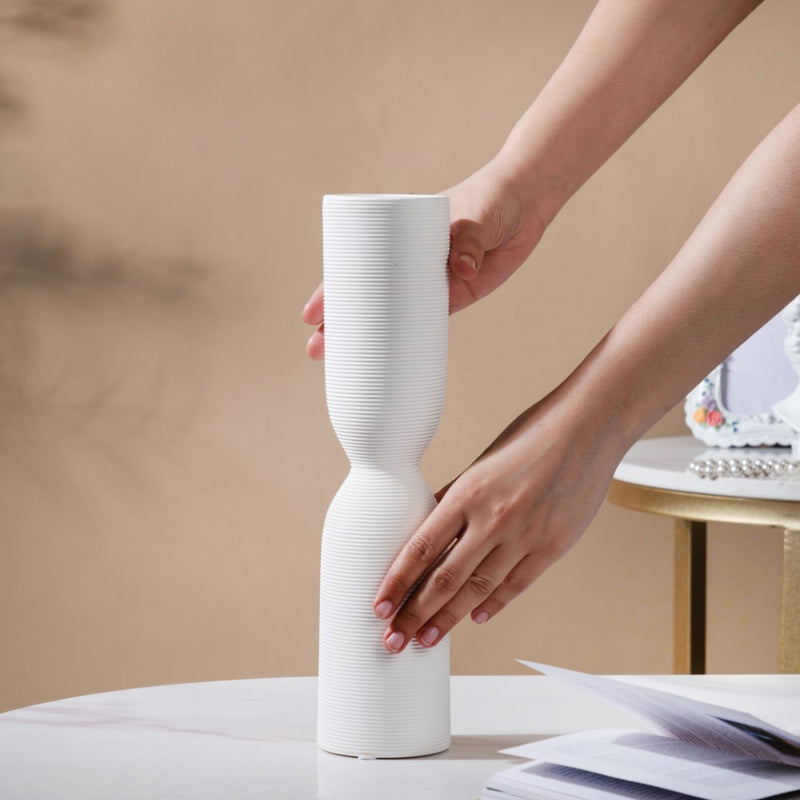 Scandinavian Hourglass Ceramic Vase White - Flower vase for home decor, office and gifting | Home decoration items