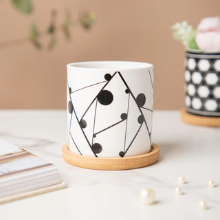 Twyla Starling Black White Planter With Wooden Coaster